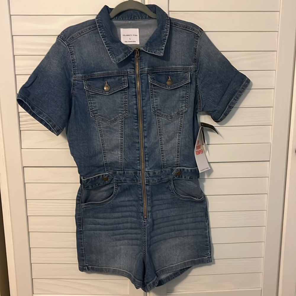 Celebrity Pink Denim Zip Front Romper